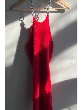 The Ragged Priest Red Fuzzy Halter Mini Dress Silver Chain Size Small Women’s